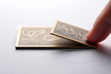 Finger Lifting Up Art Deco Card with Abstract Design Showing Textured Gold Surface Concept for Discover and Unveiling Secrets 150 chars
