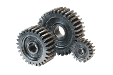 Three interlocking metal gears with threaded centers on black background steel mechanical, Isolated On Transparent Background, Png Cut Out