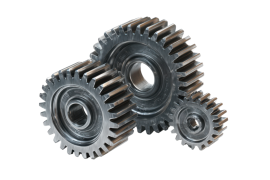 Three interlocking metal gears with threaded centers on black background steel mechanical, Isolated On Transparent Background, Png Cut Out - Powered by Adobe