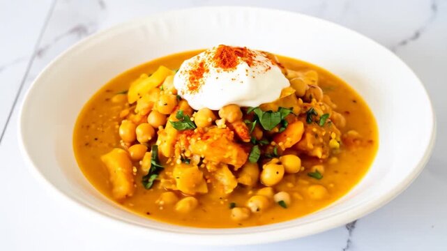 A bowl of savory stew with chickpeas, vegetables, and creamy topping dusted with paprika