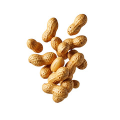 A cluster of peanuts falling against a white background
