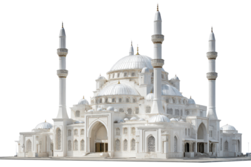 White Islamic Mosque With Multiple Domes and Tall Minarets Isolated architecture building, Isolated On Transparent Background, Png Cut Out