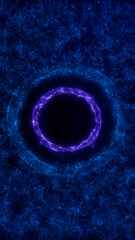 Futuristic circular energy ring made of glowing purple particles in a field of digital blue swirls. Abstract sci-fi vortex composition with vibrant electric motion.
