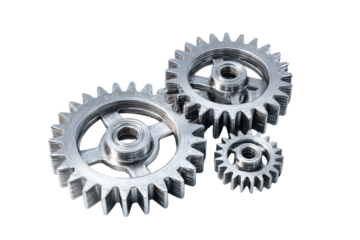 Three interlocking metallic gears on a black background cogs, Isolated On Transparent Background, Png Cut Out