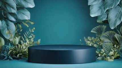 A round display stand sits in a studio, surrounded by various green plants. The scene is organized for a product showcase during the late afternoon. The plants add a natural feel to the setup