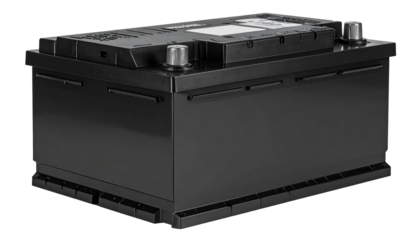 Black automobile battery with a textured top and shiny terminals sits against a white backdrop