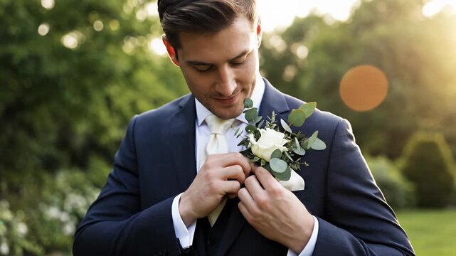 Stylish man adjusting a white rose boutonniere on his dark suit lapel outdoors in soft golden sunlight