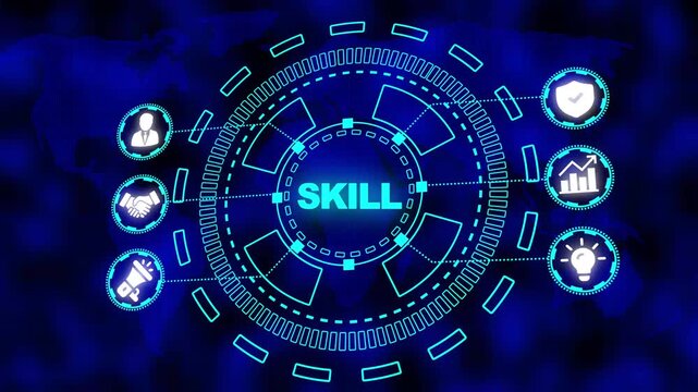 Digital Skill Network Hub with World Map Background and Business Icons skills learning
