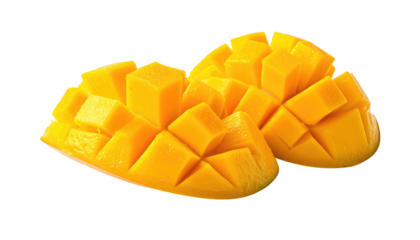 Two mango halves scored into squares, revealing the bright yellow flesh against a solid black background