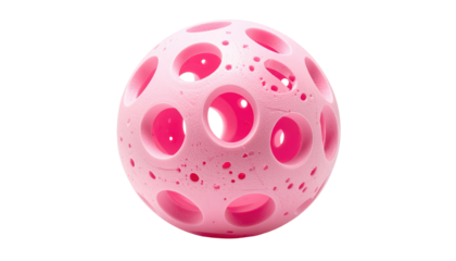 Pink sphere dotted with round holes against black, creating a textured abstract form with vibrant, candy-like color