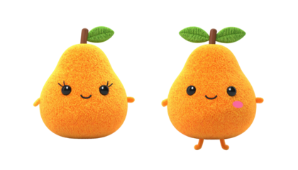 Two cute, orange, cartoon pear characters stand against a black backdrop, one with eyelashes and one with a pink cheek