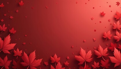 Red background features maple leaves. Canadian theme for national celebrations like Canada Day. Backdrop ideal for web banners, posters and greeting cards. Space for text. Perfect for festive designs.