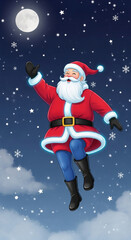 Naklejka premium Illustration of Santa Claus in red suit, flying through the starry night sky with moon and snowflakes, representing festive spirit and holiday cheer