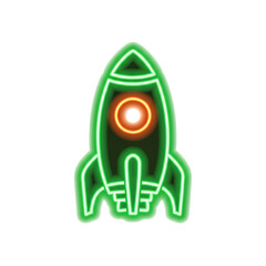 Green neon rocket ship with glowing orange window