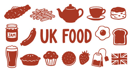 UK Food. Great Britain. A red vector icon set of classic British food and drinks for a restaurant menu, a pub's branding, a travel guide, or a cultural design project illustration.
