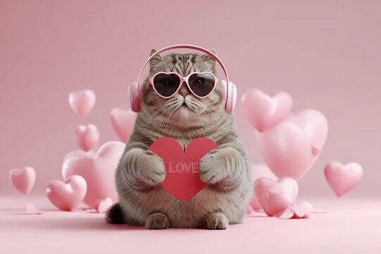 Niedliche Katze mit Herz und Kopfh&ouml;rern &ndash; Valentinstag
