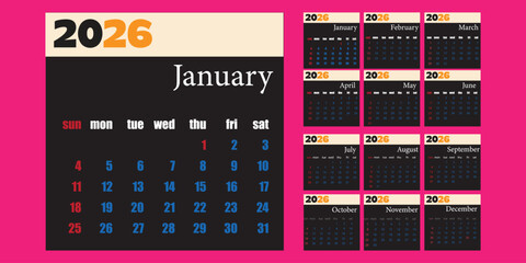 Modern 2026 calendar design with January highlight and yearly overview