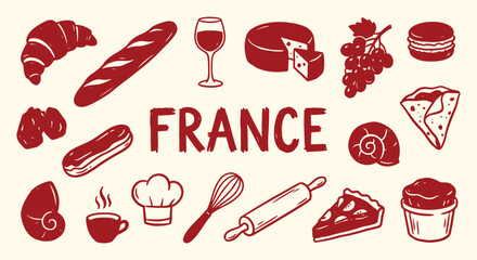 France. French Food. A red hand drawn vector doodle set of classic French cuisine and pastry for a restaurant menu, a Parisian cafe's branding, a cookbook, or a travel blog graphic.
