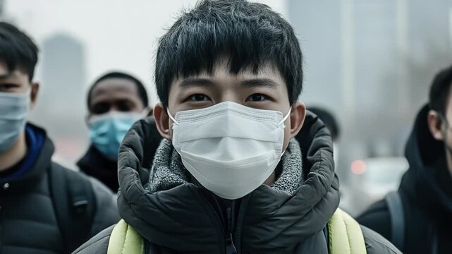 Group of people wearing face masks on a city street, daily life scene