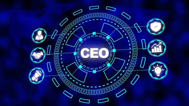 Digital network graphic with CEO in center surrounded by icons representing business functions on a world map background