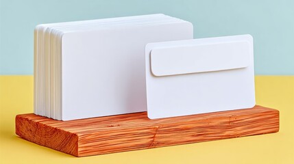 Stack Of Blank White Cards With One Envelope Placed Beside On Textured Orange Base Against Light Blue And Yellow Background With Soft Lighting