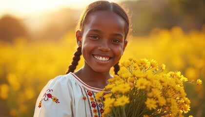 Young Ethiopian girl with braided hair wears white embroidered dress holding yellow flowers. She smiles warmly in golden morning sunlight amidst a field of blooms, showing joy and cultural beauty.
