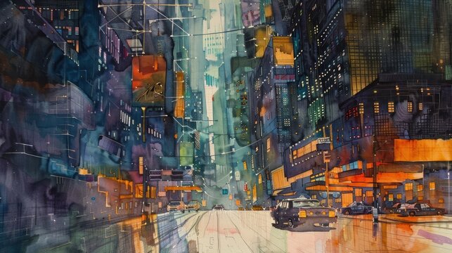 Watercolor painting of a city street at night with illuminated buildings