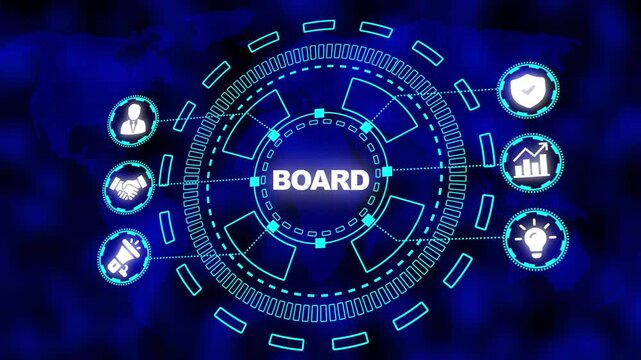 Digital network graphic with BOARD in center surrounded by icons representing business functions on a world map background