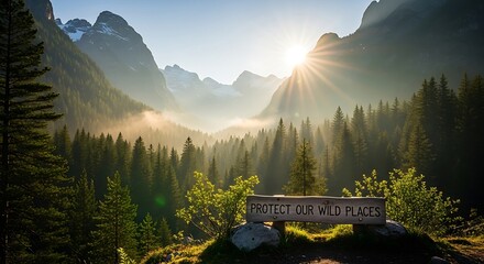 Golden sunlight bathes a majestic mountain wilderness, illuminating misty forests and a powerful message to protect our precious wild places