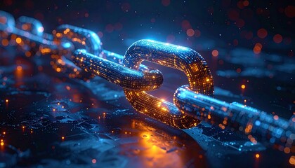 Digital blockchain technology concept with glowing chain links and network data.
