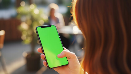 Hand holding mobile smartphone with blank green screen chroma key for mockup view of redhead woman using thumb in sunny garden cafe with plant background for travel app display