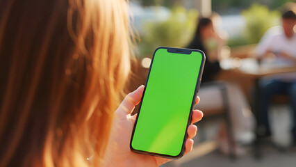 Hand holding mobile smartphone with blank green screen chroma key for mockup view of woman in sunny street cafe with blurred people eating background for lifestyle app display