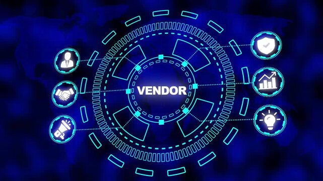Global Business Network Hub with Vendor Focused Icons and World Map Background connection