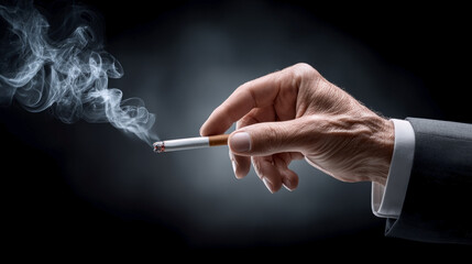 A sophisticated hand elegantly grips a cigarette, releasing a plume of smoke in a moody, atmospheric setting