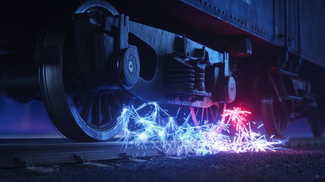 A vintage train wheel sparks as it rolls at dusk, casting a magical glow in the encroaching darkness