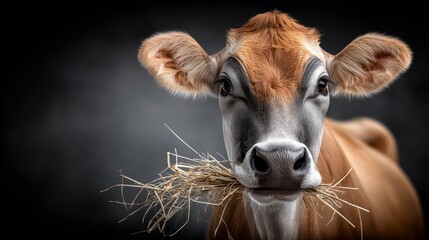 A curious brown cow stands calmly, holding a mouthful of straw, embodying the essence of peaceful rural life