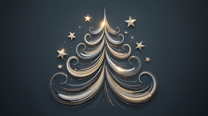 Elegant christmas tree illustration with gold and silver swirls and glowing stars
