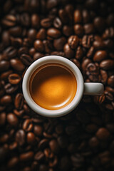 Naklejka premium A cinematic teaser photo shot from the top ceiling birds eye view. a white espresso cup in the middle. below the cup, it is surrounded by roasted coffee beans as if they are the foundation of the drin