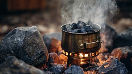 Cozy Campfire Scene with Smoke Rising from Pot on Charcoal Grill Surrounded by Rocks in Serene Outdoor Environment