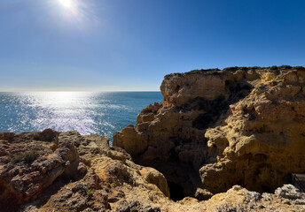 Part of the Algar Seco Cliff Walk, over the eroded limestone cliffs close to Carvoeiro, Algarve, Portugal 