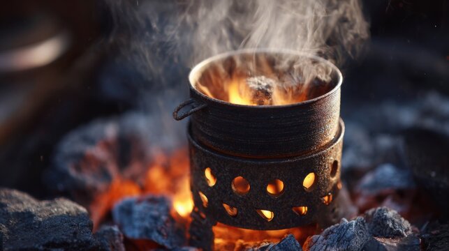 A Close-Up View of a Traditional Metal Pot Simmering Over a Cozy Campfire with Steam Rising and Flames Glowing in a Rustic Outdoor Setting - Powered by Adobe
