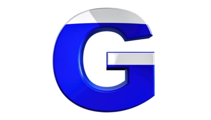 Shiny, 3D, blue letter "G" with white highlights, isolated against a black background