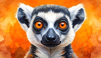 Obraz premium A lemur's head with orange eyes, black nose, and white fur with black stripes, against a watercolor orange background