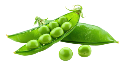 Ripe green peas, shelled and unshelled, presented against a stark black backdrop