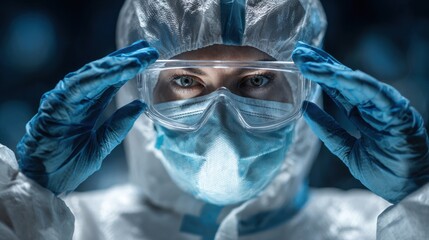 A medical worker adjusts safety goggles while wearing a full protective suit. The setting suggests a healthcare facility during a health crisis response