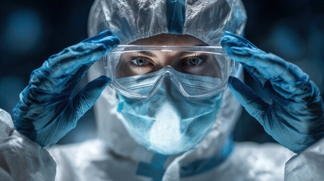 A medical worker adjusts safety goggles while wearing a full protective suit. The setting suggests a healthcare facility during a health crisis response - Powered by Adobe