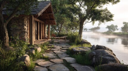 Serene riverside cabin in nature with stone pathway, lush greenery, and early morning fog creating a tranquil atmosphere for relaxation and escape