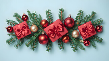 Christmas arrangement with red gifts baubles and evergreen branches on blue background
