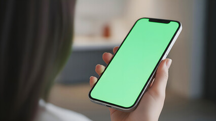 Hand holding mobile smartphone with blank green screen mockup over shoulder view of woman in blurred modern kitchen interior for online food delivery app display chroma key
