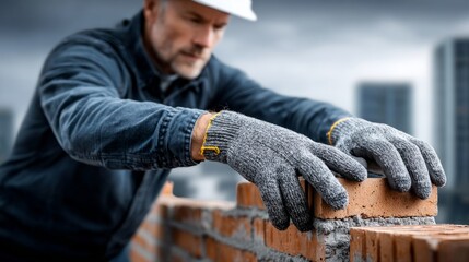 Dedicated worker meticulously lays bricks, forming a sturdy wall against a backdrop of looming skyscrapers